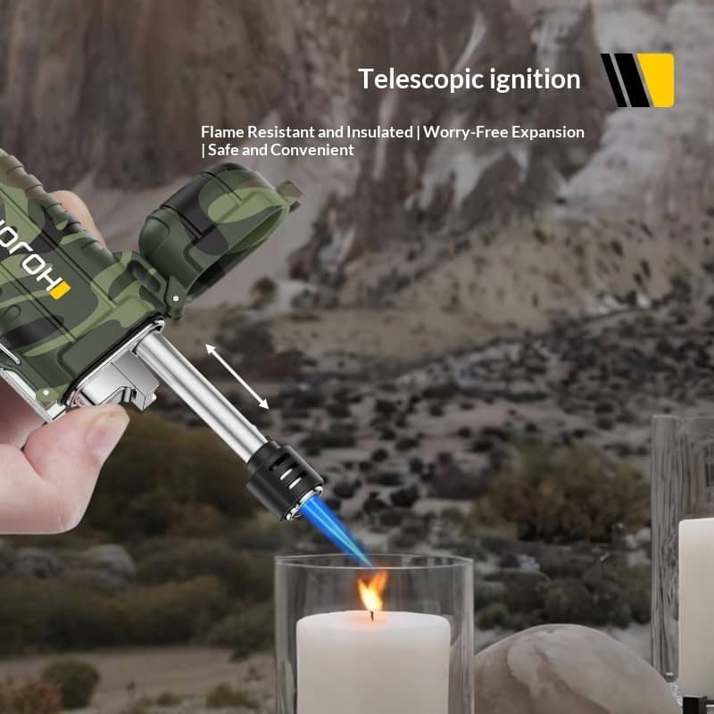 Camouflage lighter being used to light a candle with desert landscape in the background