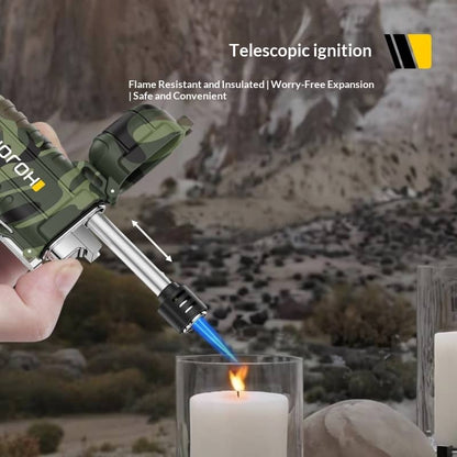 Camouflage lighter being used to light a candle with desert landscape in the background