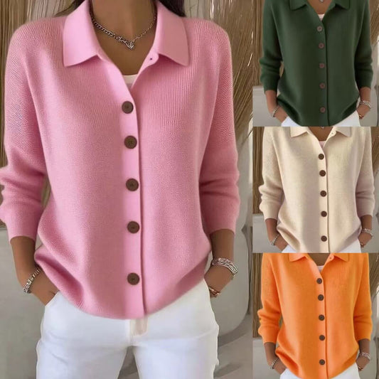 Collage of four cardigans in pink, green, beige, and orange with button details.