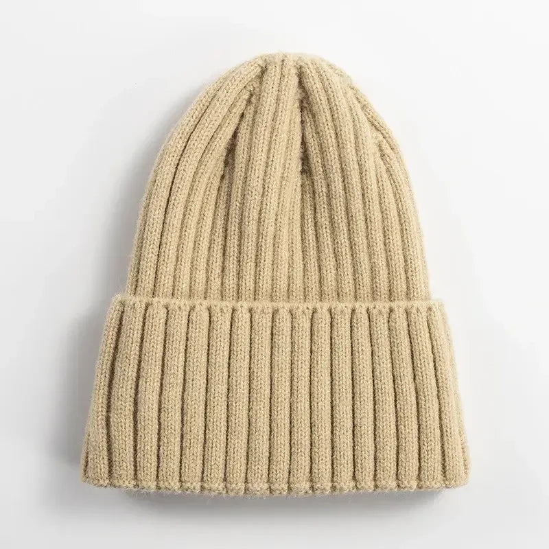 Beige ribbed knit beanie hat for outdoor fitness and winter activities