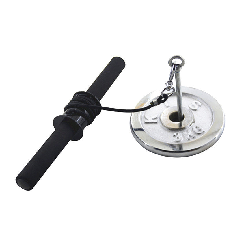 Metal weight plate with black handle on a white background
