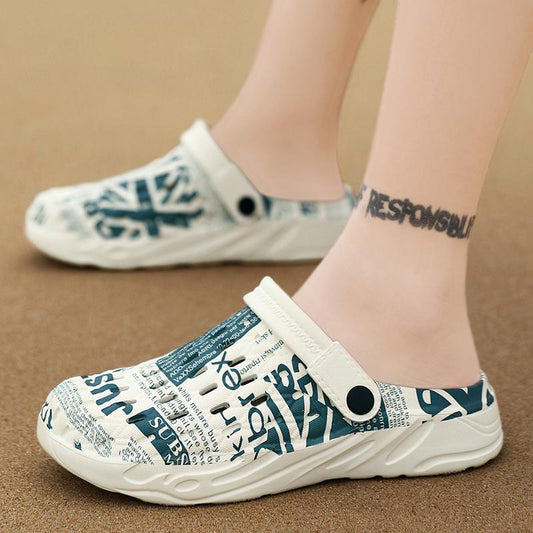 White clogs with blue text on a brown background