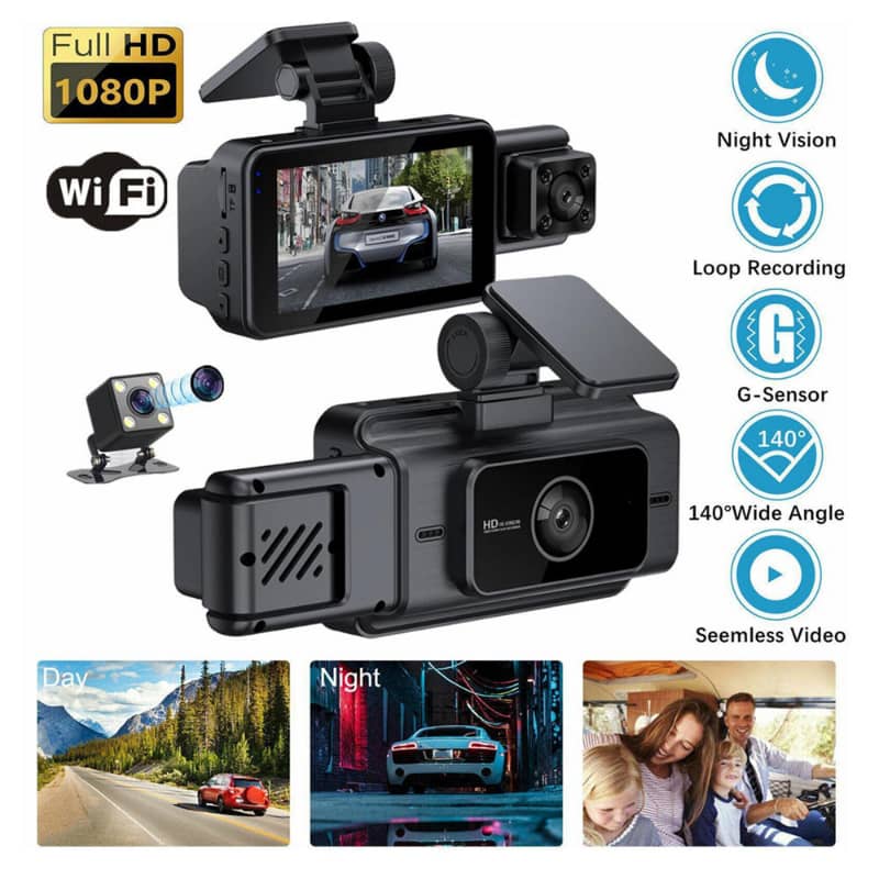 Car dashboard camera with features like night vision, WiFi, and 1080P resolution on a white background.