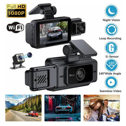 Car dashboard camera with features like night vision, WiFi, and 1080P resolution on a white background.