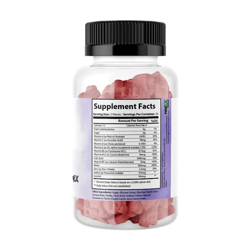A clear supplement bottle with a black ribbed cap, showing pink gummy candies inside and a large Supplement Facts label on the front, isolated on a white background.