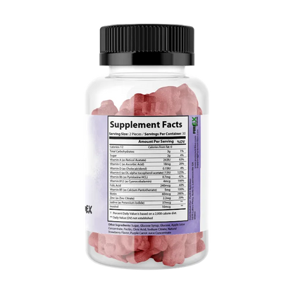 A clear supplement bottle with a black ribbed cap, showing pink gummy candies inside and a large Supplement Facts label on the front, isolated on a white background.