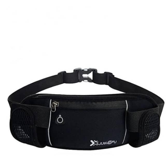 Black waist bag with a visible brand logo on a white background