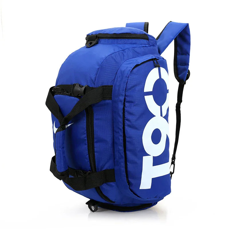 Blue gym backpack with large zippered pocket and bold white logo, fitness gear bag