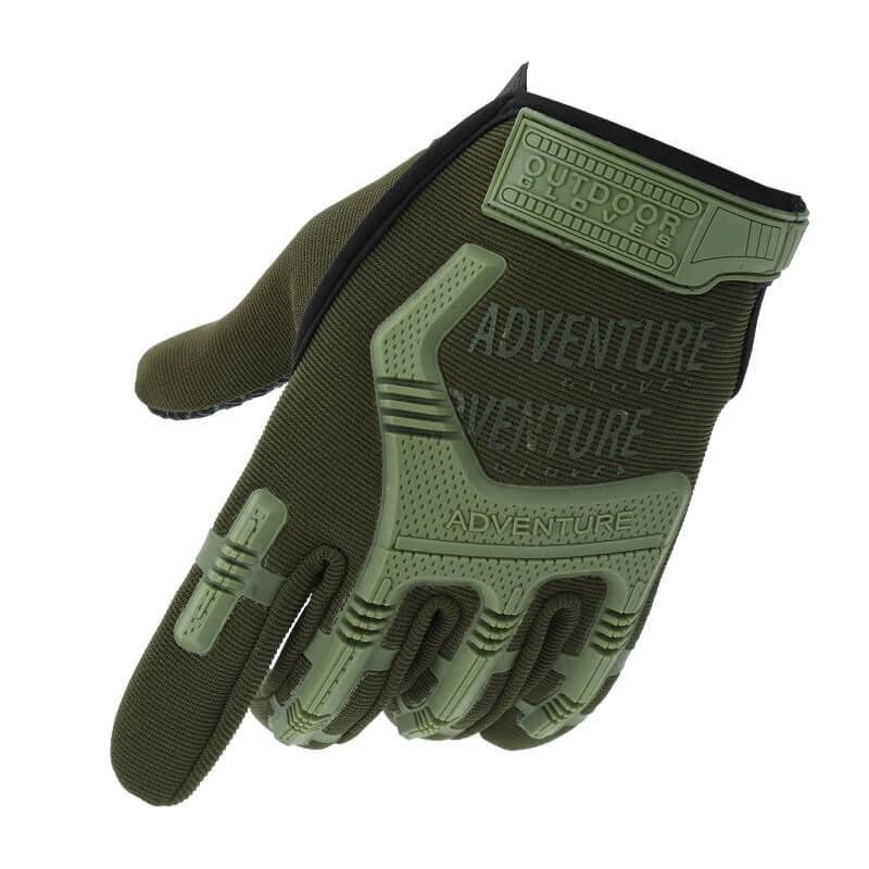Olive green outdoor adventure glove with reinforced knuckle protection and text design