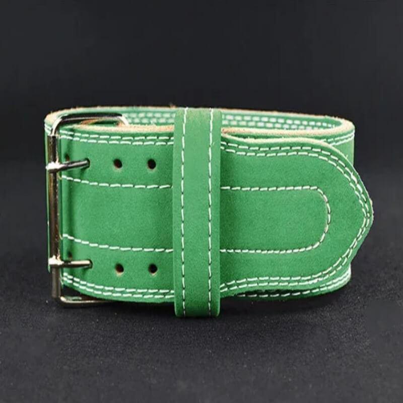 Green suede weightlifting belt with double prong buckle and white stitching on black background