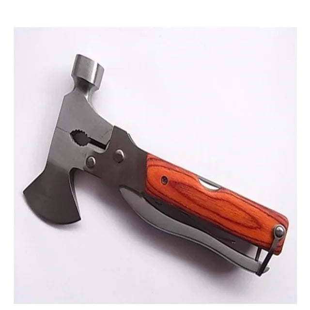 Multi-tool hatchet with wood handle, featuring axe, hammer, and pliers on white background