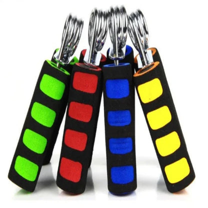 Set of four colorful hand grip strengtheners with foam handles in green, red, blue, and yellow for fitness training