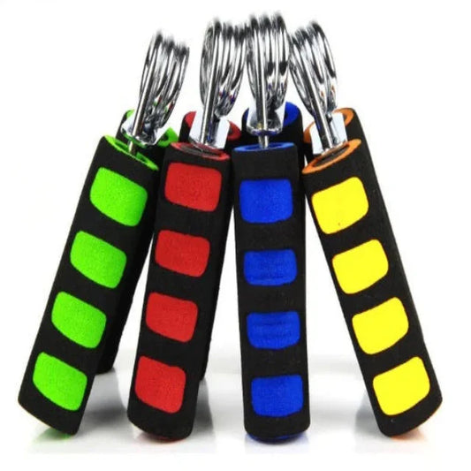 Set of four colorful hand grip strengtheners with foam handles in green, red, blue, and yellow for fitness training