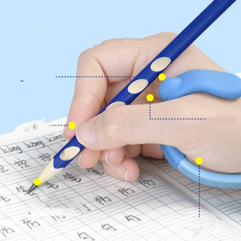 Hand holding a blue pen with ergonomic design, writing on lined paper.