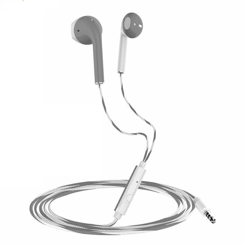 Gray earbud headphones with a coiled cable on a white background