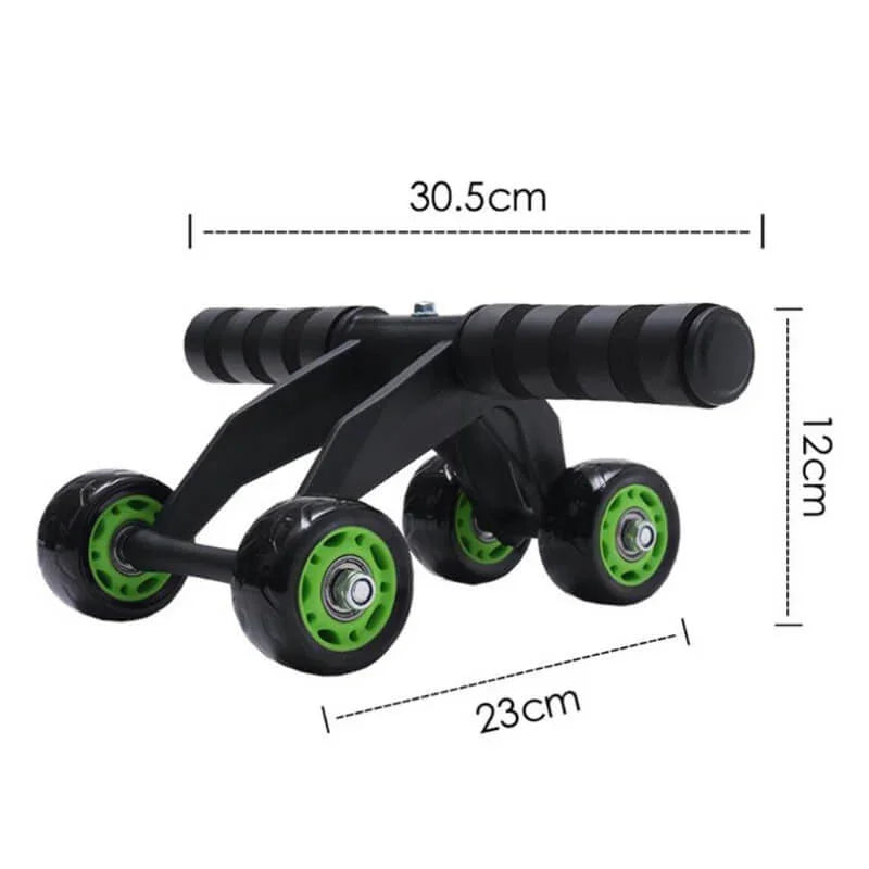 Black and green ab roller with measurements on a white background