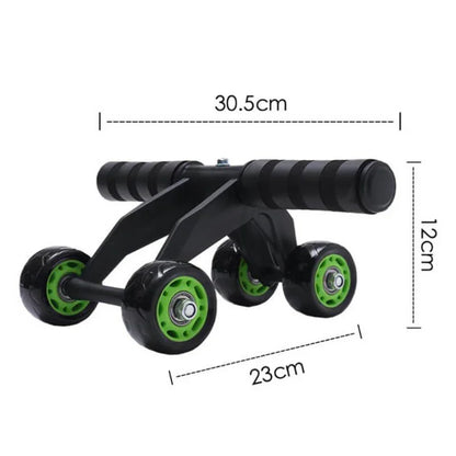 Black and green ab roller with measurements on a white background