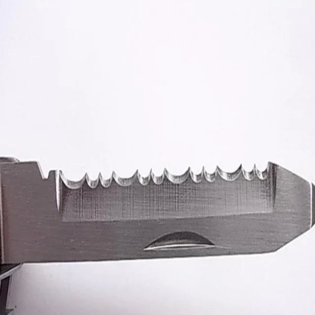 Close-up of a serrated stainless steel multi-tool blade on white background