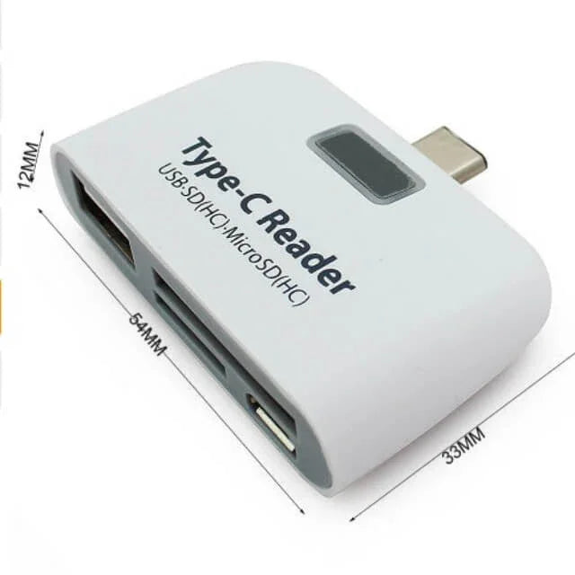 White USB Type-C SD card reader with multiple ports and labeled dimensions.