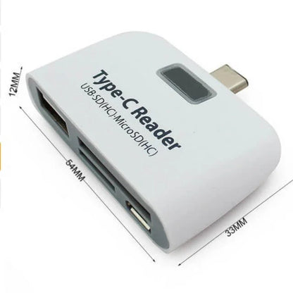White USB Type-C SD card reader with multiple ports and labeled dimensions.