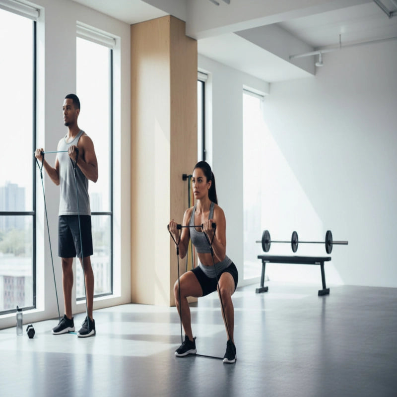 Two people exercising in a bright modern gym with large windows, using resistance bands. One person is standing and the other is doing a squat, with a weight bench visible in the background.