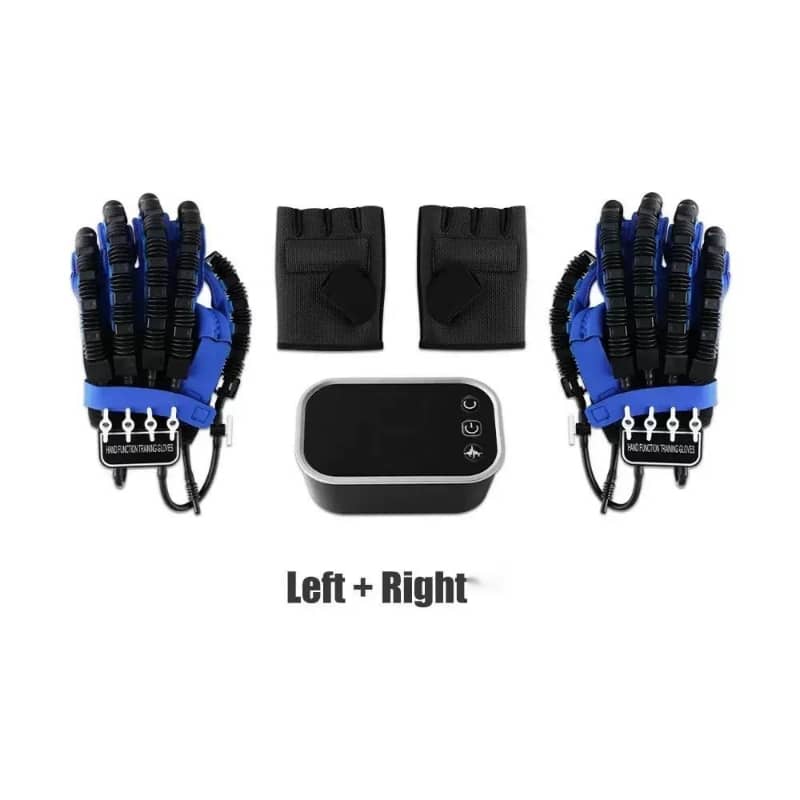 Blue robotic hand grip strengthener set with gloves and control unit, fitness equipment