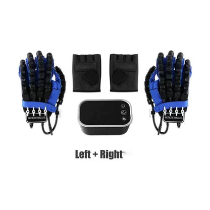 Blue robotic hand grip strengthener set with gloves and control unit, fitness equipment