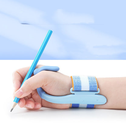 Hand with blue wristband holding a pencil against a light blue background