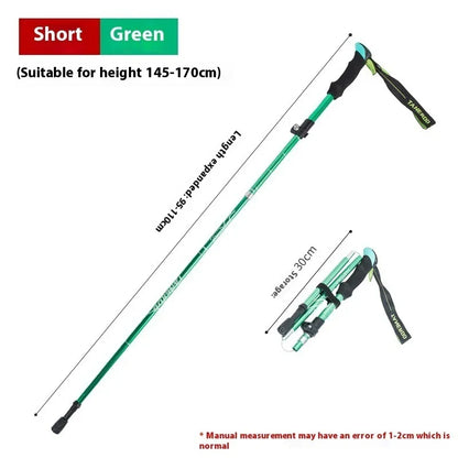 Collapsible green trekking pole with foam grip, shown expanded and folded for hiking gear.