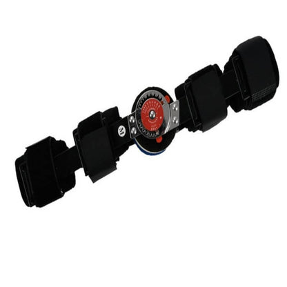 Black belt with a red and silver buckle on a white background
