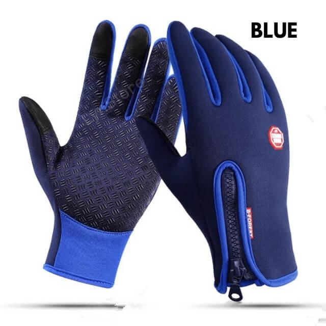 Blue fitness gloves with grip pattern and zipper, ideal for outdoor workouts and sports.