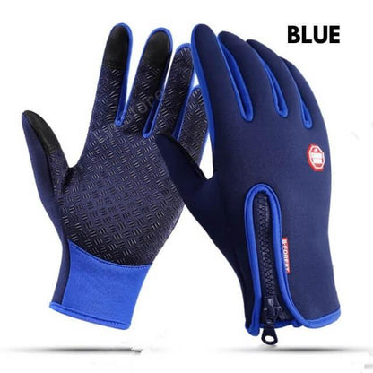 Blue fitness gloves with grip pattern and zipper, ideal for outdoor workouts and sports.