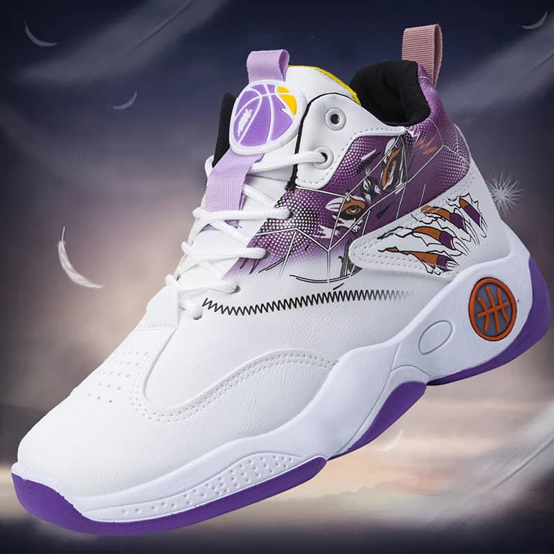 White and purple sneaker with colorful design on a dark background