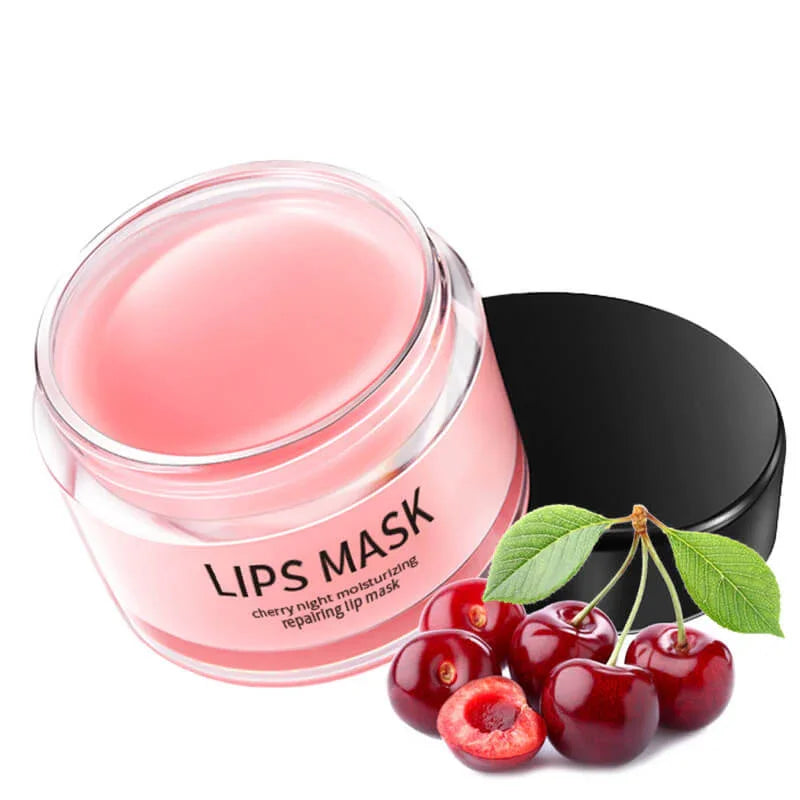 Cherry lip mask in a clear jar with black lid and fresh cherries, moisturizing skincare product