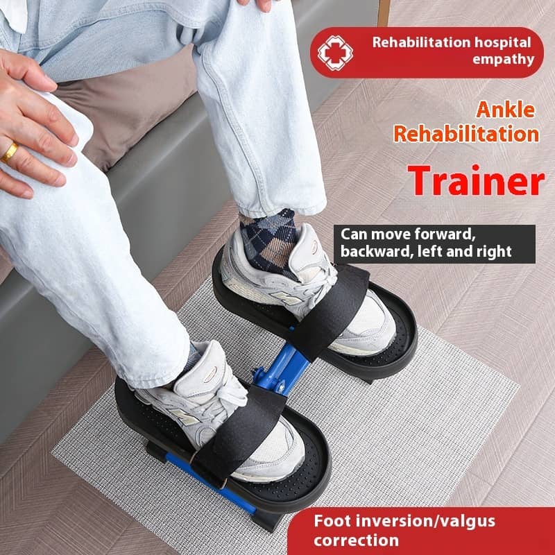 Person using ankle rehabilitation trainer for foot inversion and valgus correction on floor mat