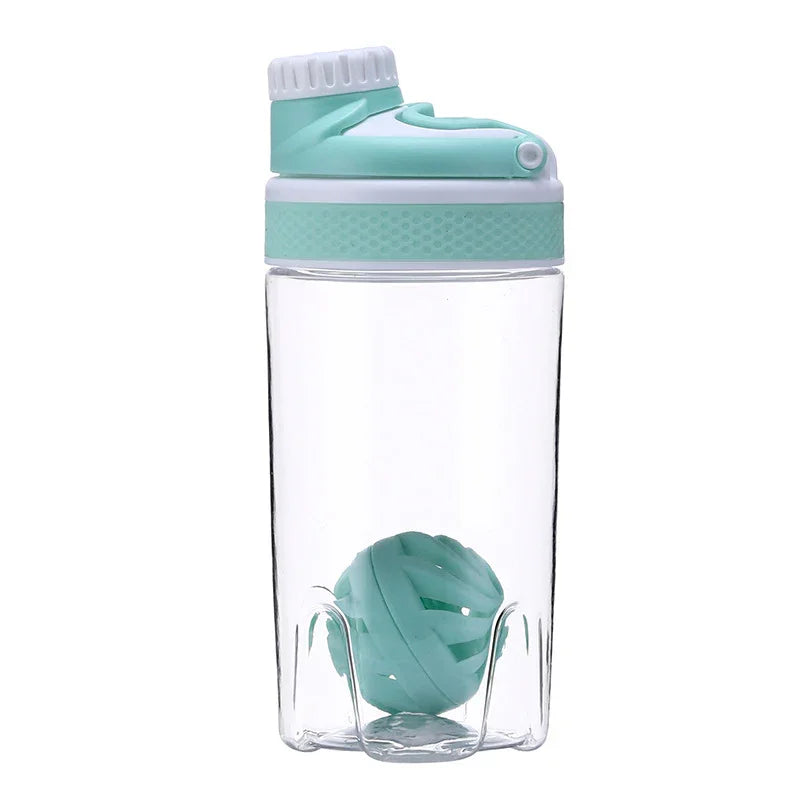 Clear water bottle with a green lid and handle on a white background