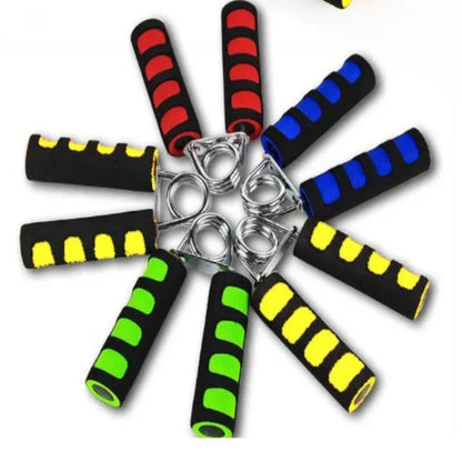 Colorful foam handle hand grip strengtheners arranged in a circular pattern on white background