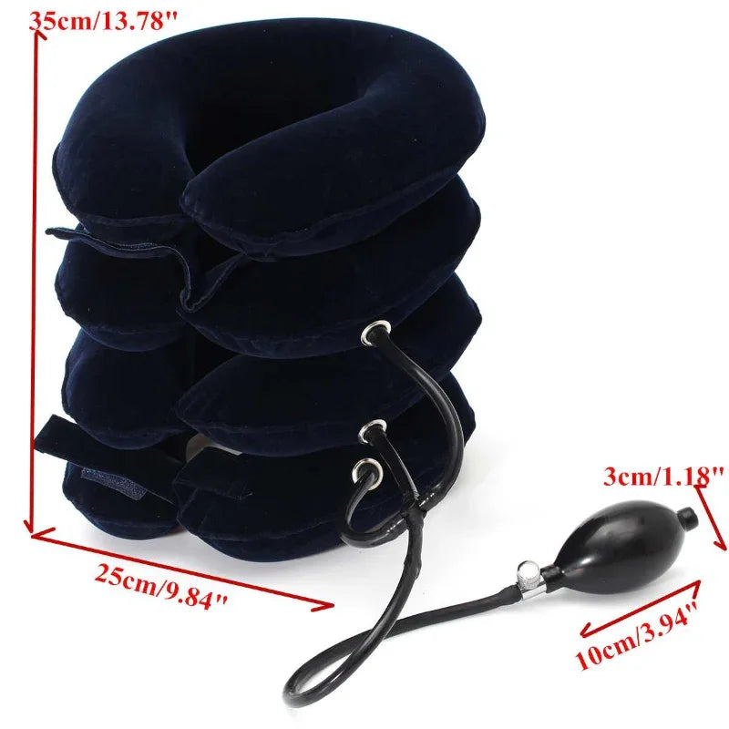 Black inflatable neck traction collar with pump for fitness and recovery, dimensions labeled