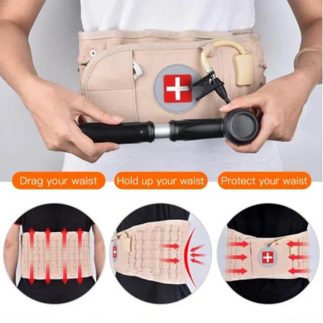 Waist support belt with pump and features highlighted on a gray background