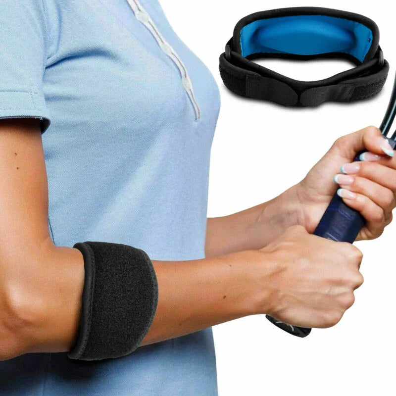 Person using a resistance band with an arm brace on a white background