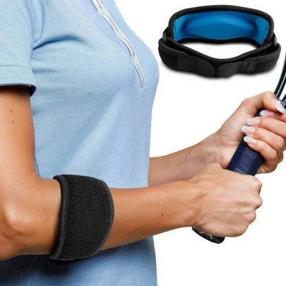 Person using a resistance band with an arm brace on a white background