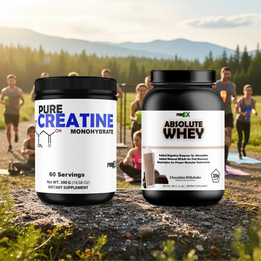 Two supplement containers in the foreground: a white tub labeled PURE CREATINE MONOHYDRATE and a black tub labeled FIREEX ABSOLUTE WHEY, set against a blurred outdoor running scene with people and mountains.