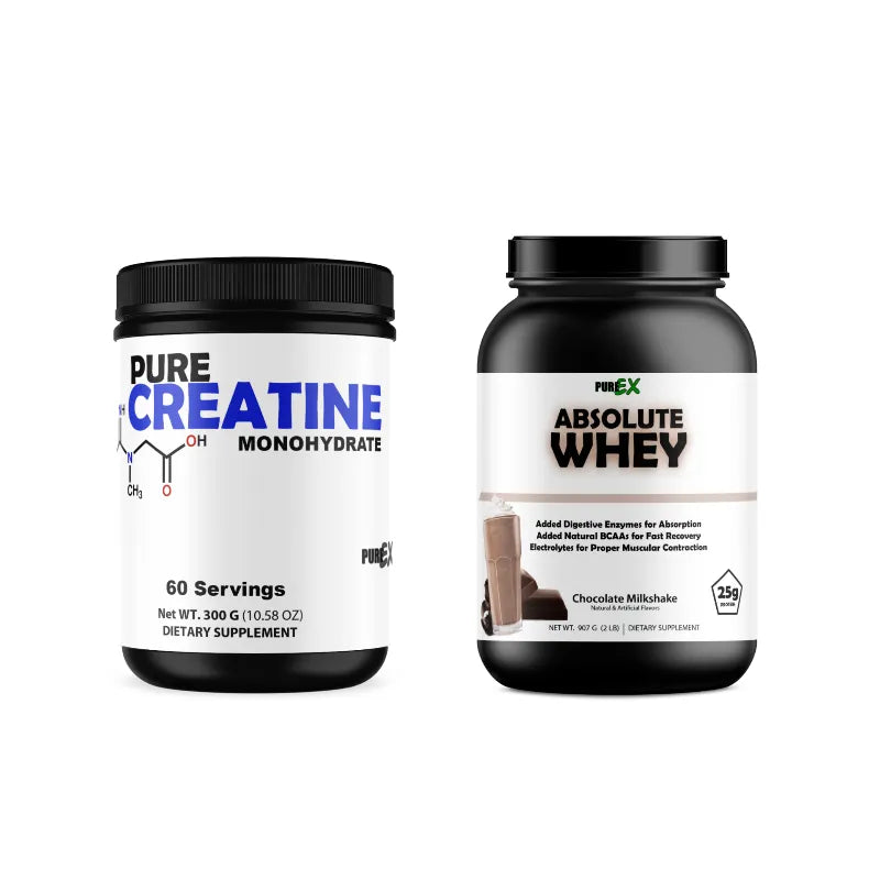 Two dietary supplement containers on a white background: a black tub of Pure Creatine Monohydrate and a black tub of PineEX Absolute Whey Chocolate Milkshake.