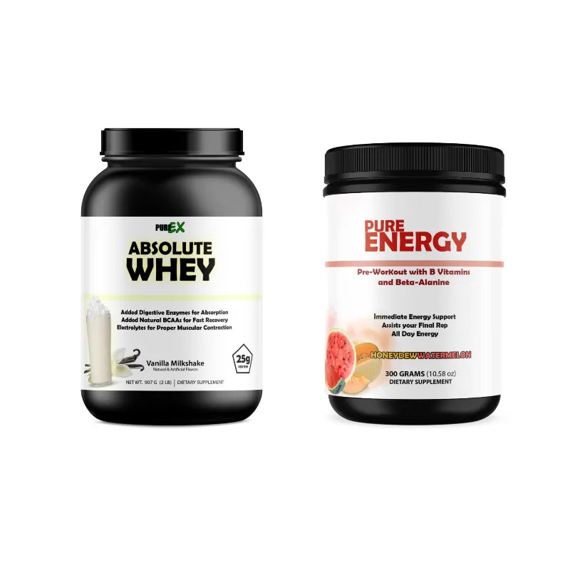 Two supplement containers on a plain white background: a black tub labeled PREX Absolute Whey Vanilla Milkshake on the left, and a black tub labeled PURE ENERGY on the right.