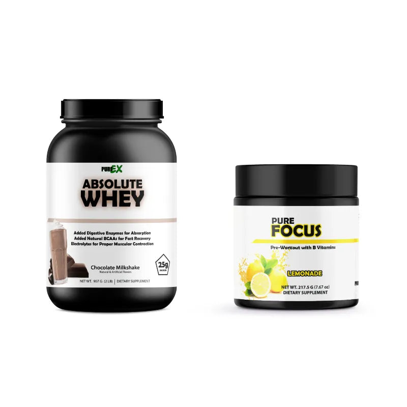 Two supplement containers on a white background: a large black tub of PURE EX Absolute Whey in Chocolate Milkshake flavor, and a smaller black jar of Pure Focus Lemonade in Pro-Waist with & Vitarmins.