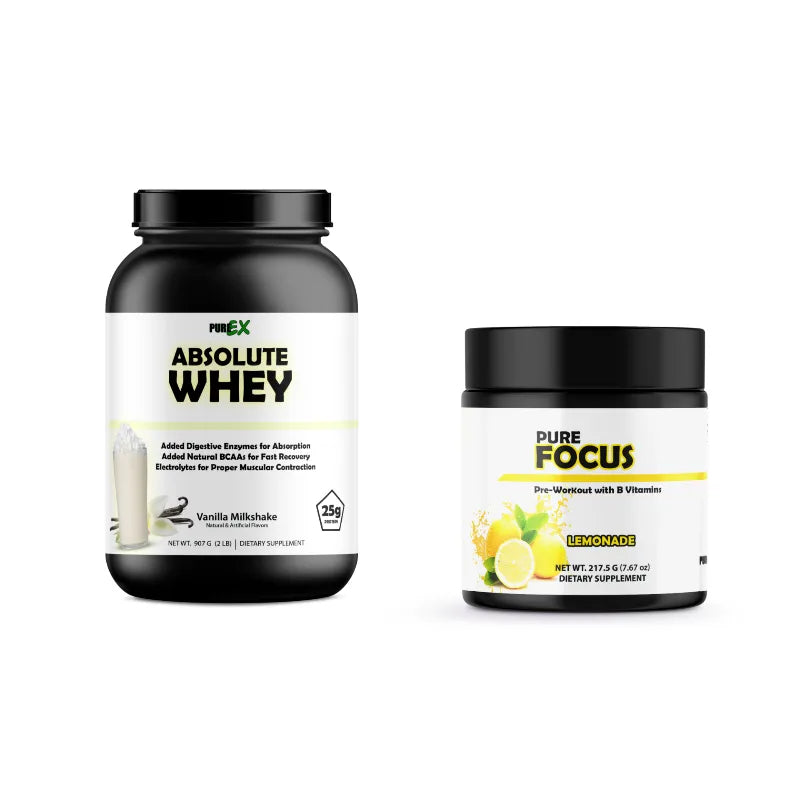 Two dietary supplement containers on a plain white background: a large black tub of PREX Absolute Whey Vanilla Milkshake on the left, and a smaller black jar of Pure Focus Lemonade on the right.