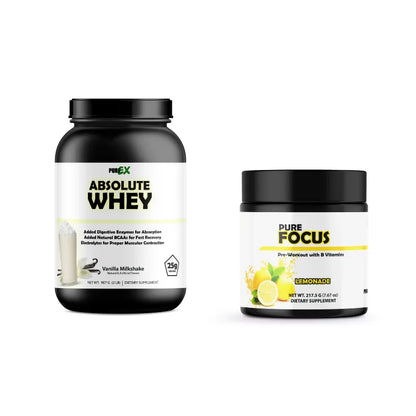 Two dietary supplement containers on a plain white background: a large black tub of PREX Absolute Whey Vanilla Milkshake on the left, and a smaller black jar of Pure Focus Lemonade on the right.