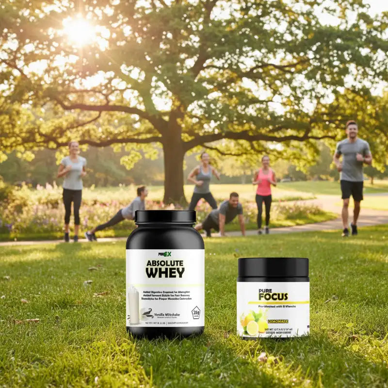 Two supplement containers from MUX Nutrition are displayed in the foreground on a grassy park path, with a blurred background of people jogging under a large tree.