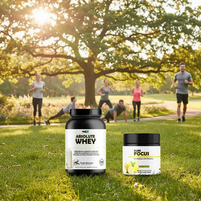 Two supplement containers from MUX Nutrition are displayed in the foreground on a grassy park path, with a blurred background of people jogging under a large tree.