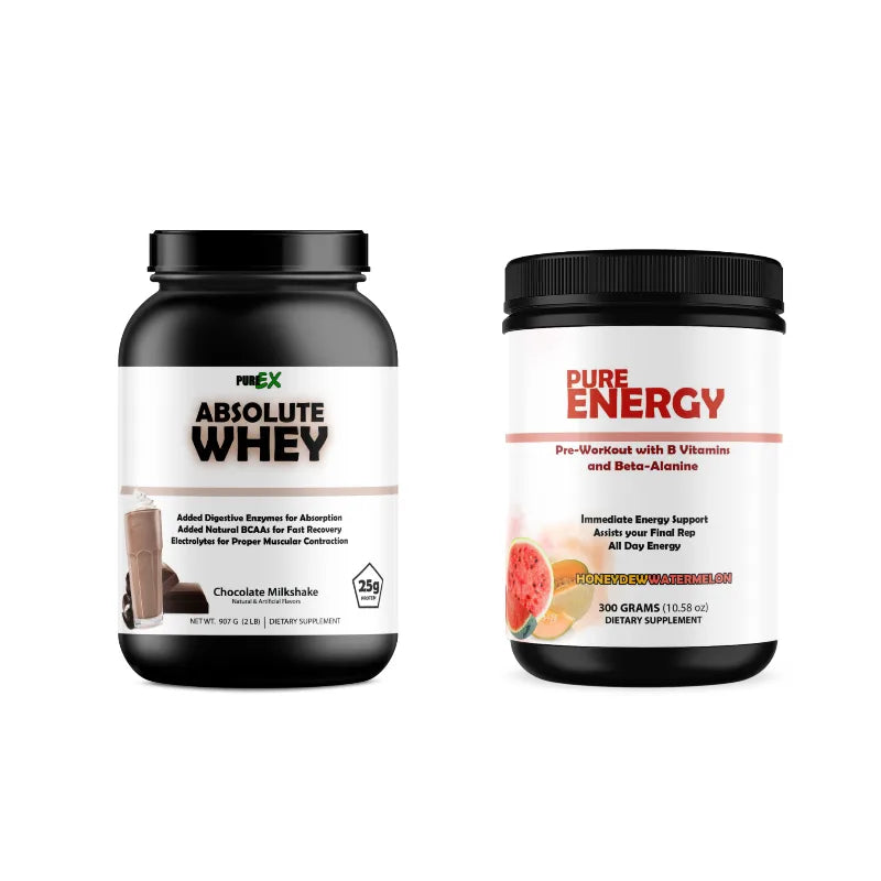 Two black supplement tubs on a white background: a larger RE:EX Absolute Whey chocolate milkshake container and a smaller Pure Energy pre-workout container.